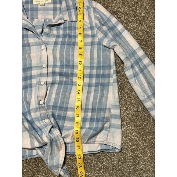 Anthropologie Cloth & Stone Women’s Blouse XS Blue Pink Plaid Tie-Front Crop - Picture 7 of 10